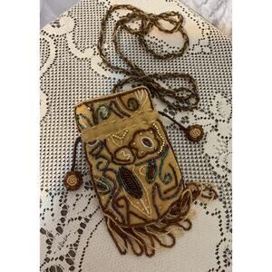 Antique Art Deco Flapper Beaded Bag Gold Brown